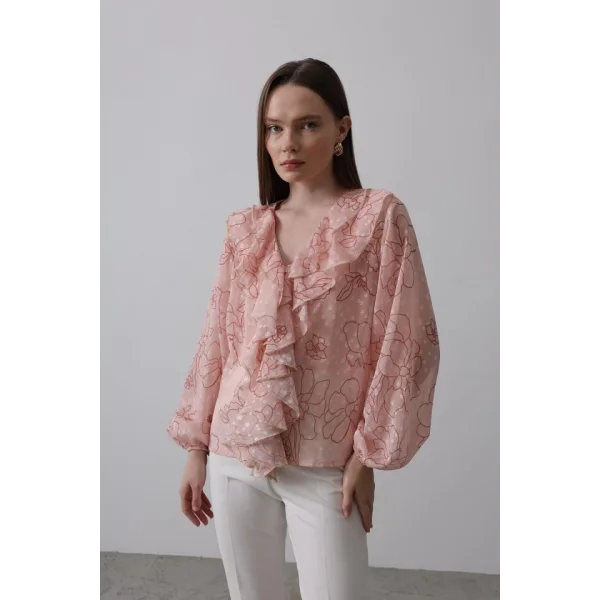 Simli Fırfırlı Gömlek - Somon