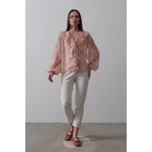 Simli Fırfırlı Gömlek - Somon