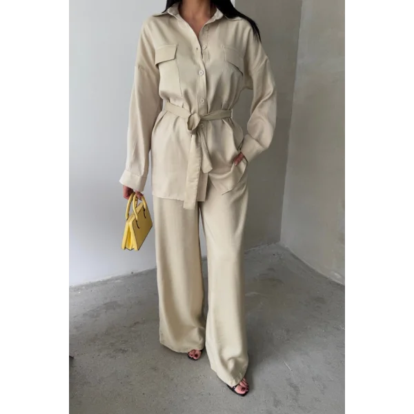 SİMLİ KUMAŞ SALAŞ PANTOLON - GÖMLEK TAKIM - Bej