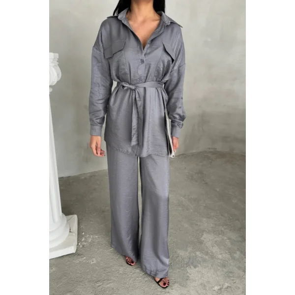 SİMLİ KUMAŞ SALAŞ PANTOLON - GÖMLEK TAKIM - Gri