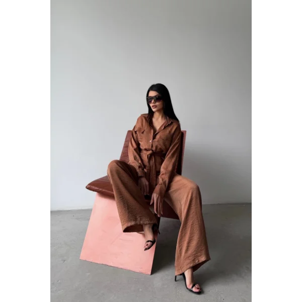 SİMLİ KUMAŞ SALAŞ PANTOLON - GÖMLEK TAKIM - Kahverengi