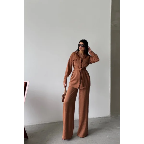 SİMLİ KUMAŞ SALAŞ PANTOLON - GÖMLEK TAKIM - Kahverengi