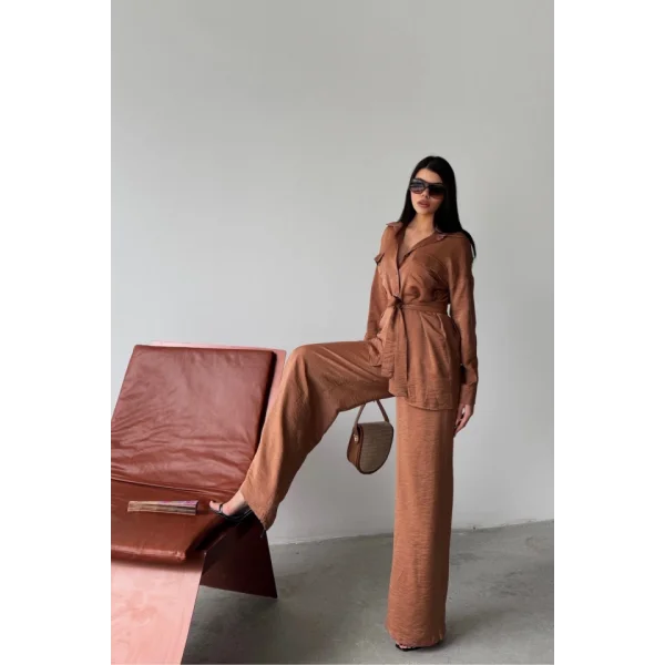 SİMLİ KUMAŞ SALAŞ PANTOLON - GÖMLEK TAKIM - Kahverengi