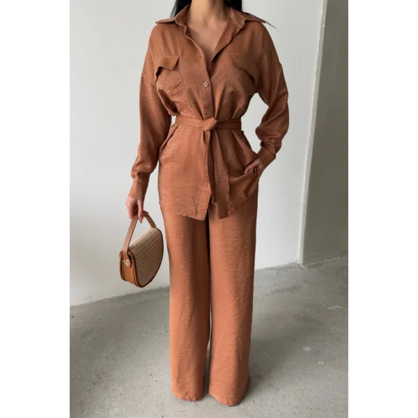 SİMLİ KUMAŞ SALAŞ PANTOLON - GÖMLEK TAKIM - Kahverengi