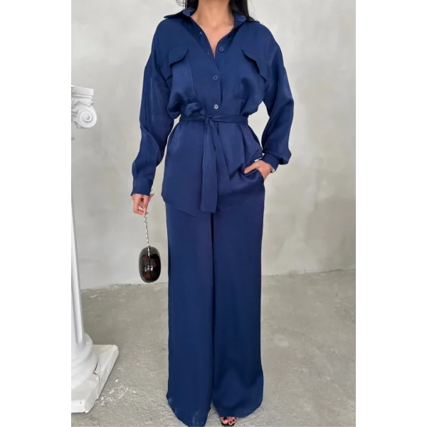 SİMLİ KUMAŞ SALAŞ PANTOLON - GÖMLEK TAKIM - Lacivert