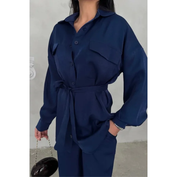 SİMLİ KUMAŞ SALAŞ PANTOLON - GÖMLEK TAKIM - Lacivert