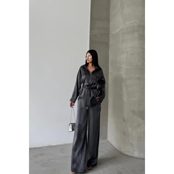 SİMLİ KUMAŞ SALAŞ PANTOLON - GÖMLEK TAKIM - Siyah