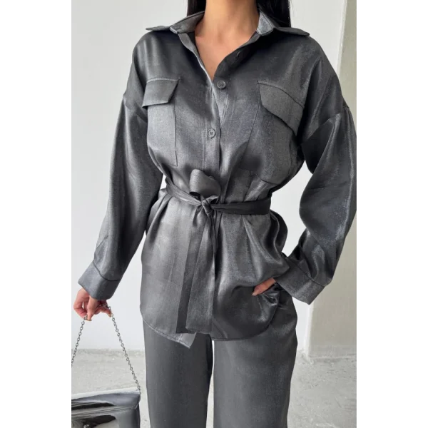 SİMLİ KUMAŞ SALAŞ PANTOLON - GÖMLEK TAKIM - Siyah