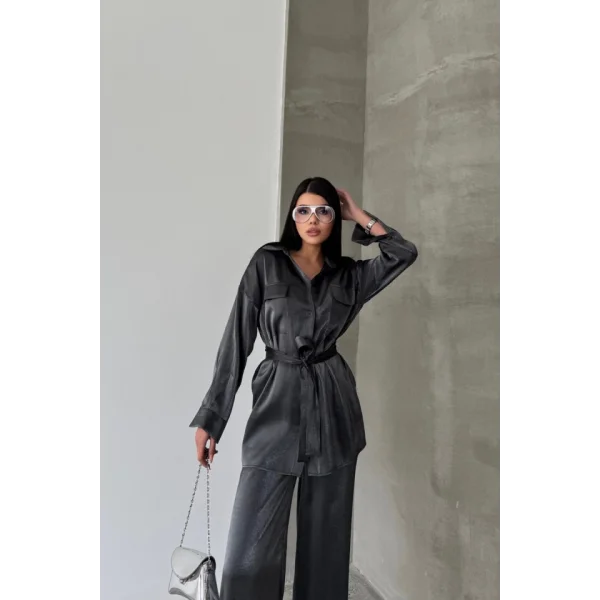 SİMLİ KUMAŞ SALAŞ PANTOLON - GÖMLEK TAKIM - Siyah