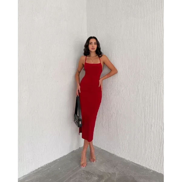 Sırt Bağlamalı Derin Yirtmaç Askılı Elbise - Kırmızı