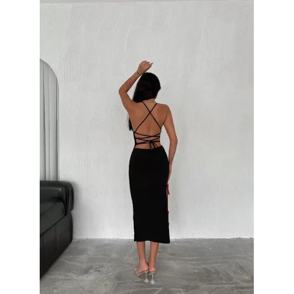 Sırt Bağlamalı Derin Yirtmaç Askılı Elbise - Siyah