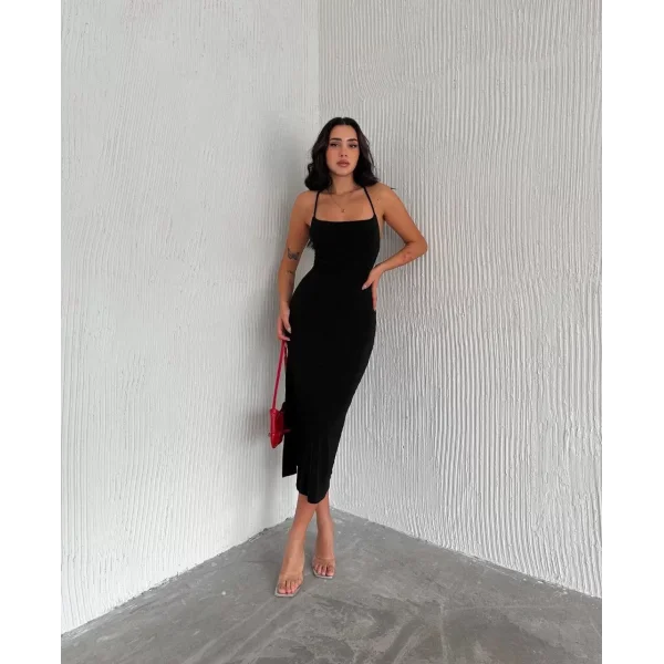 Sırt Bağlamalı Derin Yirtmaç Askılı Elbise - Siyah