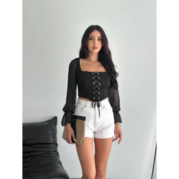 Sırt Dekolteli Bağacıklı Uzun Kollu Bluz - Siyah
