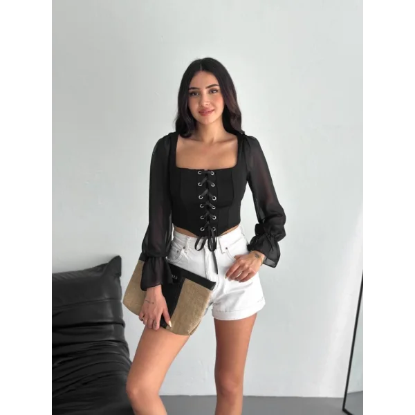 Sırt Dekolteli Bağacıklı Uzun Kollu Bluz - Siyah