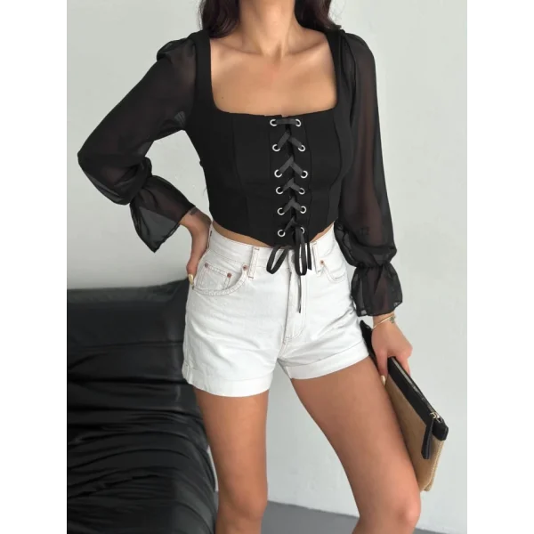 Sırt Dekolteli Bağacıklı Uzun Kollu Bluz - Siyah