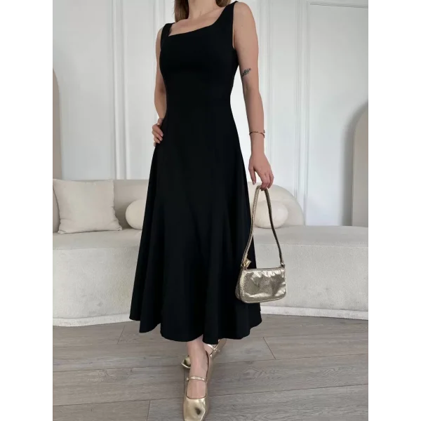 Sırt Dekolteli Kolsuz Uzun Elbise - Siyah