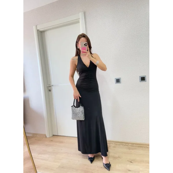 Sırt dekolteli Uzun Elbise - Siyah