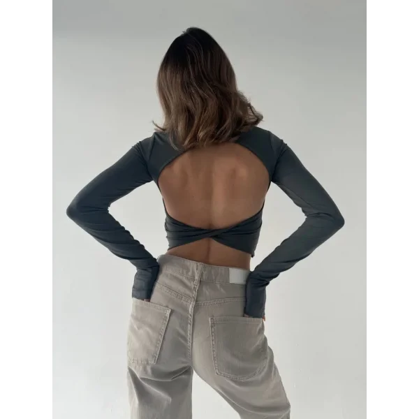 Sırt Dekoltelı Uzun Kollu Crop - Antrasit