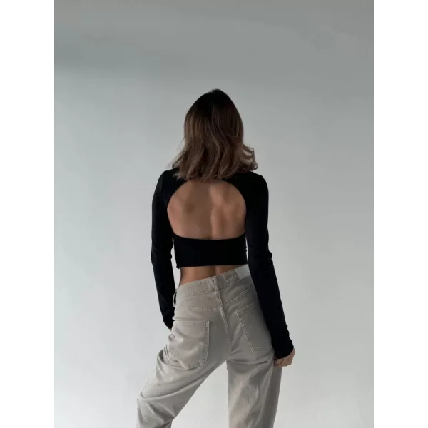 Sırt Dekoltelı Uzun Kollu Crop - Siyah