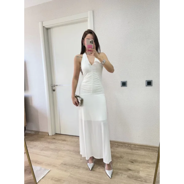 Sırt Dekolteli Uzun Kollu Elbise - Beyaz