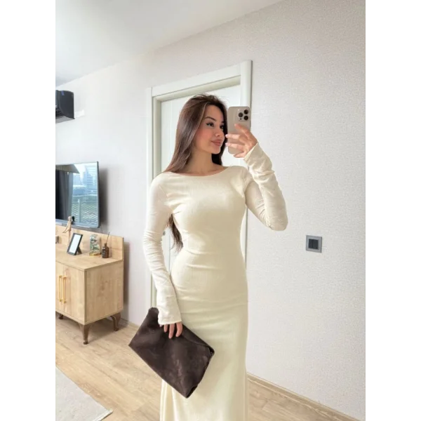 Sırt Dekolteli Uzun Kollu Elbise - Kırık Beyaz