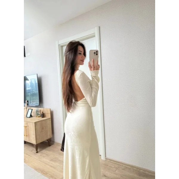 Sırt Dekolteli Uzun Kollu Elbise - Kırık Beyaz