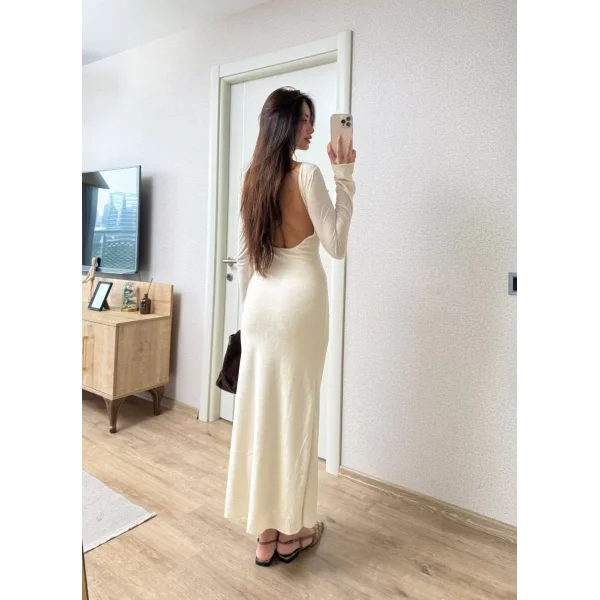 Sırt dekolteli Uzun Kollu Elbise - Kırık Beyaz