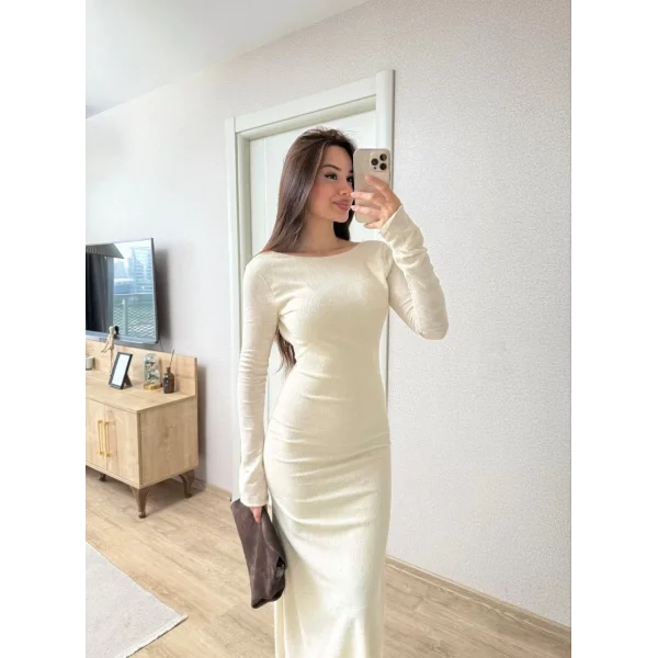 Sırt dekolteli Uzun Kollu Elbise - Kırık Beyaz