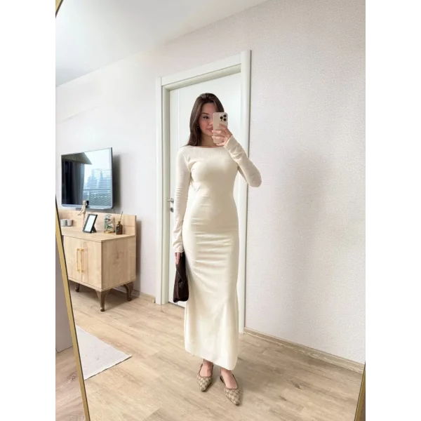 Sırt dekolteli Uzun Kollu Elbise - Kırık Beyaz