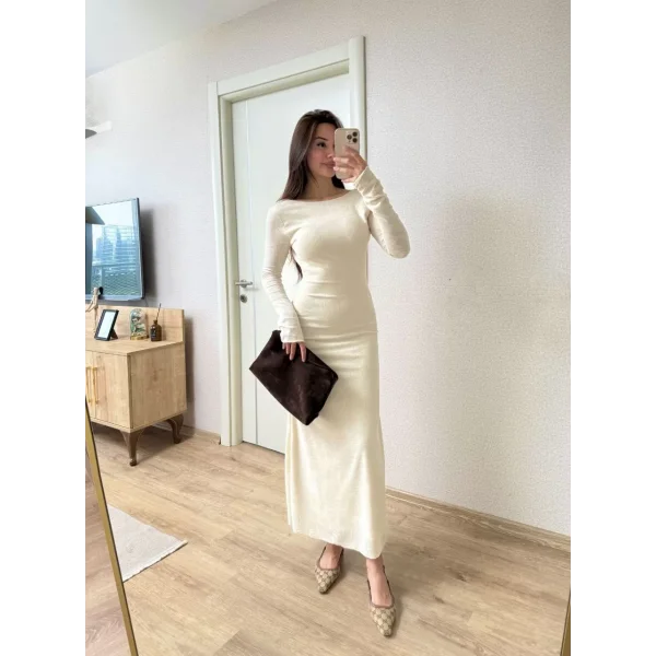 Sırt dekolteli Uzun Kollu Elbise - Kırık Beyaz