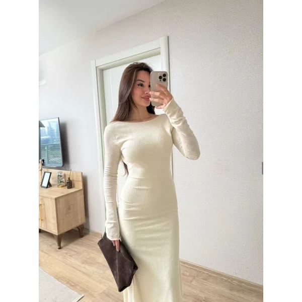 Sırt dekolteli Uzun Kollu Elbise - Kırık Beyaz
