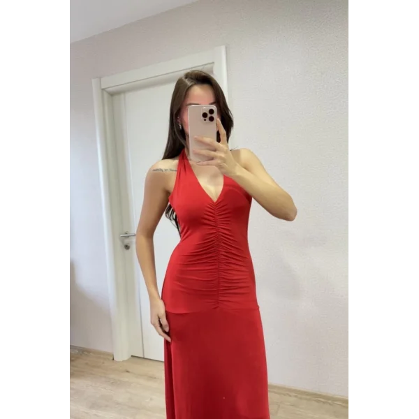Sırt Dekolteli Uzun Kollu Elbise - Kırmızı