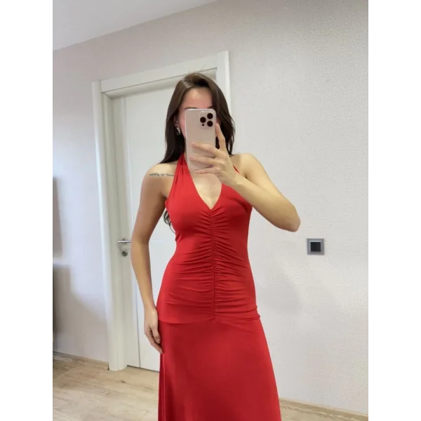 Sırt Dekolteli Uzun Kollu Elbise - Kırmızı