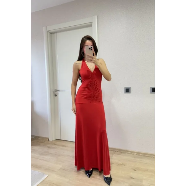 Sırt Dekolteli Uzun Kollu Elbise - Kırmızı