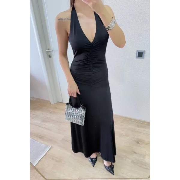 Sırt dekolteli Uzun Elbise - Siyah