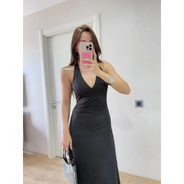 Sırt Dekolteli Uzun Kollu Elbise - Siyah