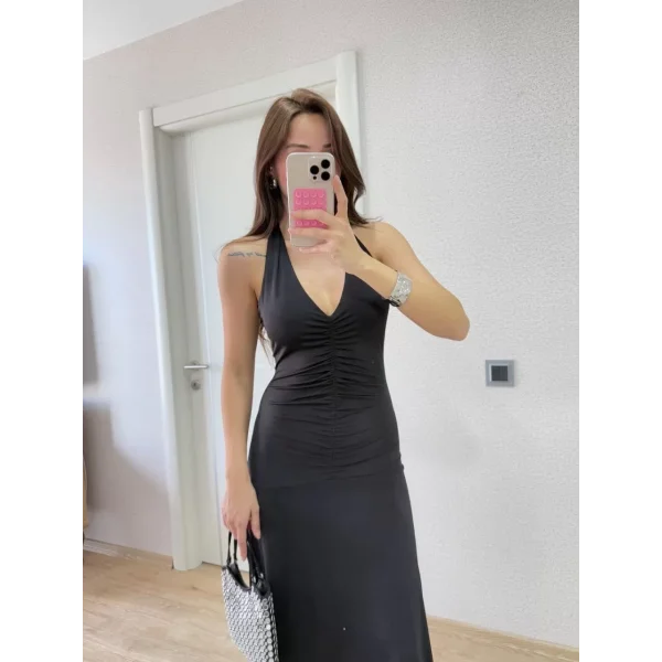 Sırt dekolteli Uzun Elbise - Siyah