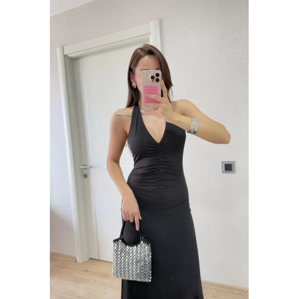 Sırt dekolteli Uzun Elbise - Siyah