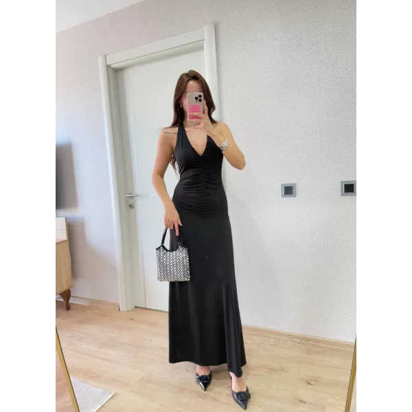 Sırt dekolteli Uzun Elbise - Siyah