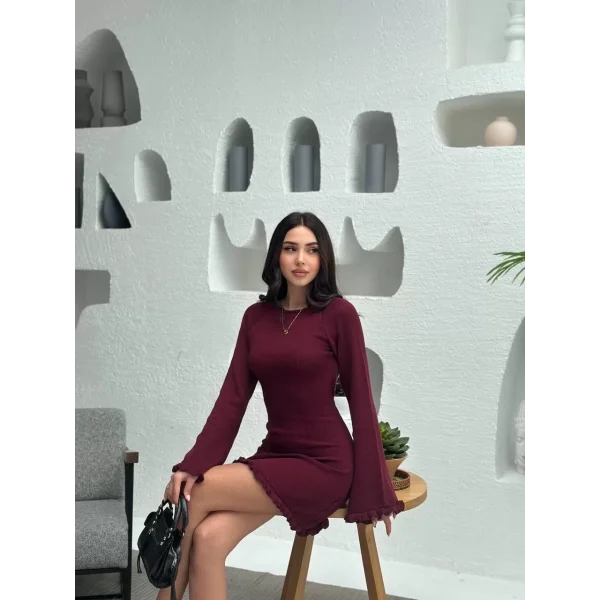 Sırt Pencereli Mini Triko Elbise - Bordo