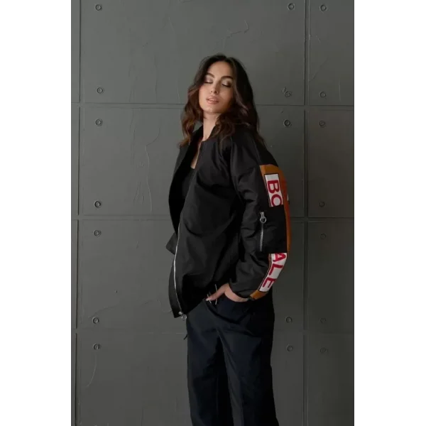 Sırt Ve Kol Parça Baskılı Bomber Ceket - Siyah