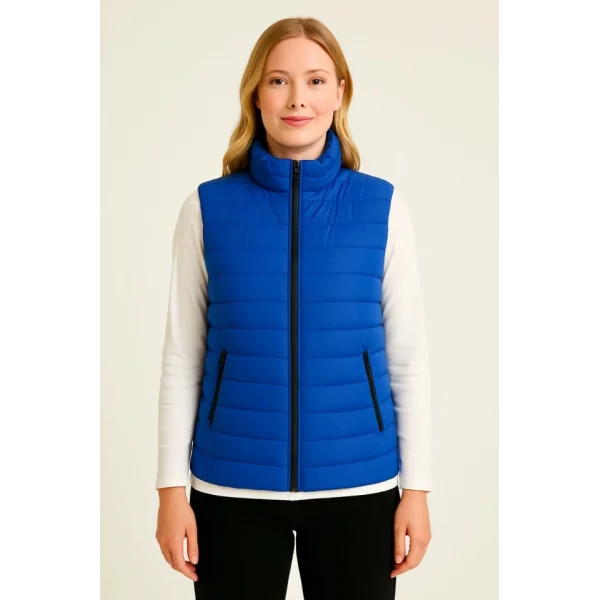 Şişme Fermuarlı Yelek Su Itici Kapitone Astarlı Kumaş Cepli Hafif Kışlık Spor Rahat Kalıp - Saks Mavisi