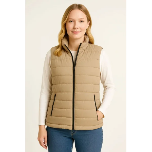 Şişme Fermuarlı Yelek Su Itici Kapitone Astarlı Kumaş Cepli Hafif Kışlık Spor Rahat Kalıp - Bej