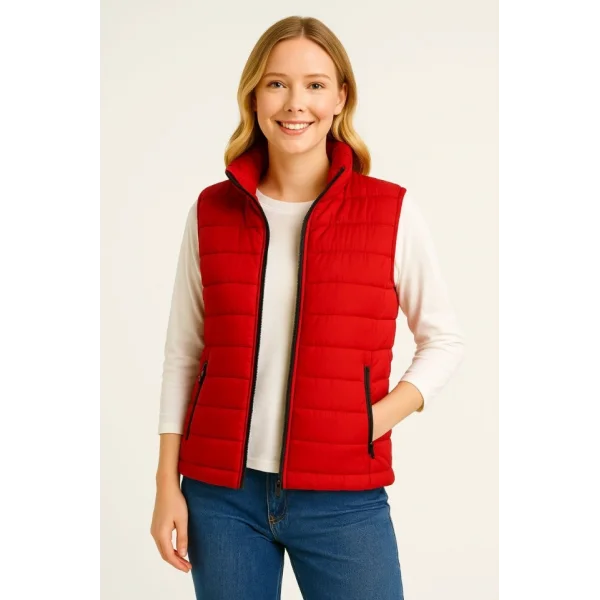 Şişme Fermuarlı Yelek Su Itici Kapitone Astarlı Kumaş Cepli Hafif Kışlık Spor Rahat Kalıp - Kırmızı