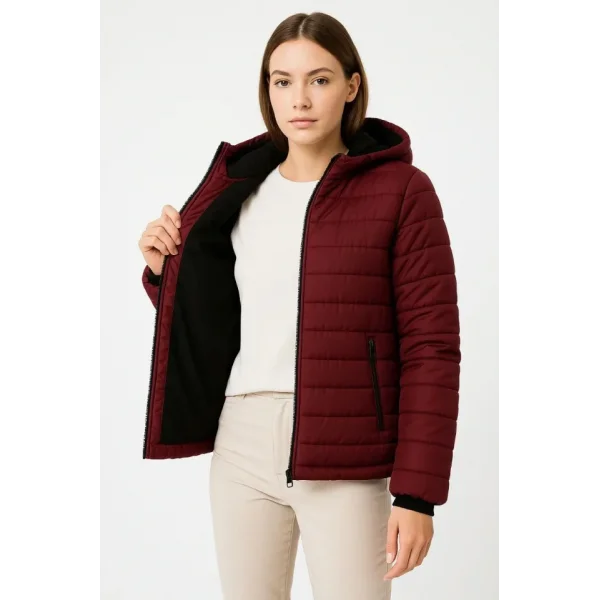 Şişme Kapüşonlu Fermuarlı Mont Su Itici Kapitone Astarlı Kumaş Cepli Kışlık Rahat Kalıp - Bordo