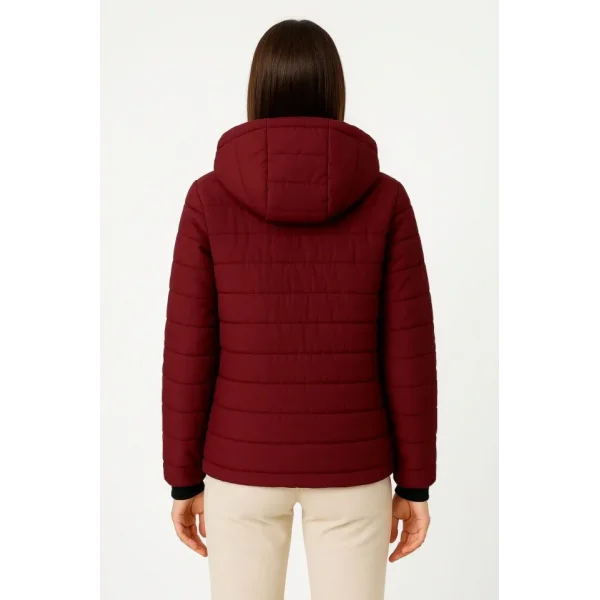 Şişme Kapüşonlu Fermuarlı Mont Su Itici Kapitone Astarlı Kumaş Cepli Kışlık Rahat Kalıp - Bordo