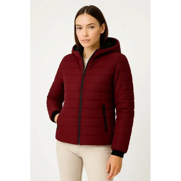 Şişme Kapüşonlu Fermuarlı Mont Su Itici Kapitone Astarlı Kumaş Cepli Kışlık Rahat Kalıp - Bordo