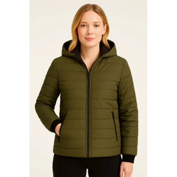 Şişme Kapüşonlu Fermuarlı Mont Su Itici Kapitone Astarlı Kumaş Cepli Kışlık Rahat Kalıp - Haki