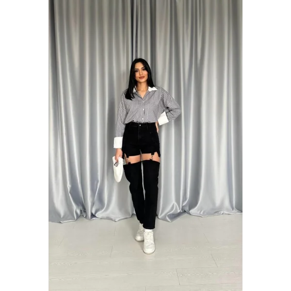 Siyah Askılı İki Parça Jeans Pantolon