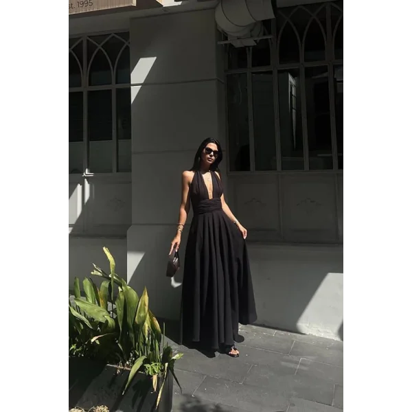 Siyah Askılı Keten Elbise